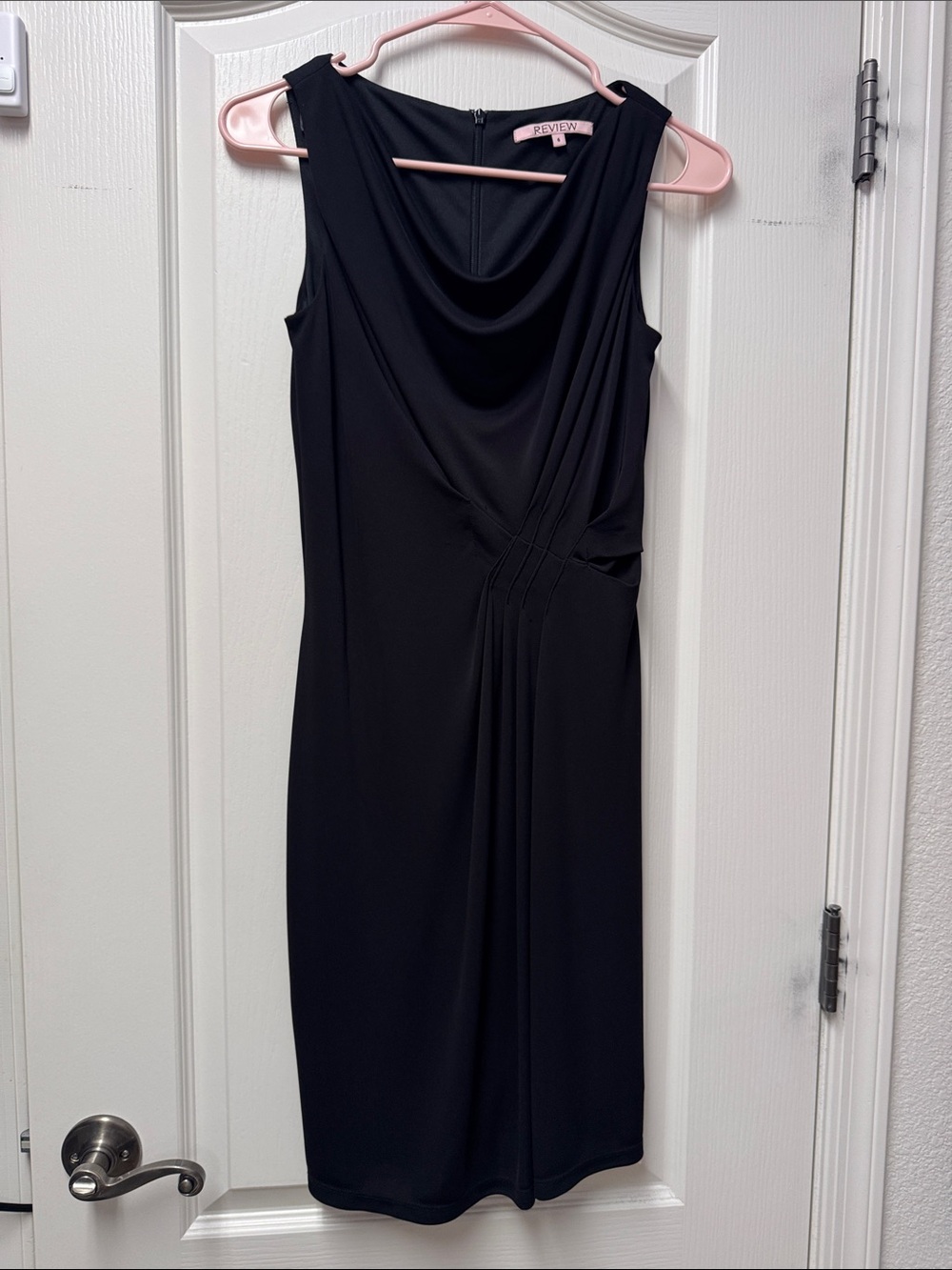 Review Black Draped Midi Sheath Dress